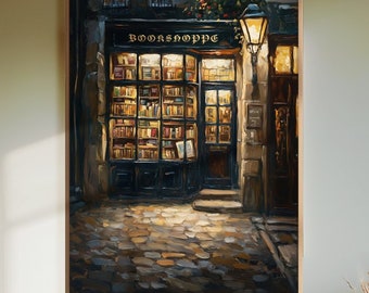 May include: A painting of a bookstore at night with a sign that reads "Boekenshoppe". The bookstore has a large window display filled with books and a street lamp outside.