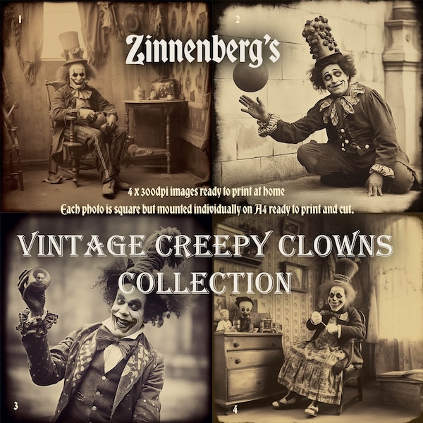 Halloween Vintage Creepy Clowns Collection, Digital Download Printable Scary Clowns To Print At Home, 4 Freaky IT Ancestors, Circus Horror