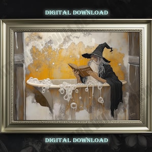 May include: A digital download of a painting depicting a wizard in a bathtub reading a book. The wizard is wearing a black robe and a pointed hat. The bathtub is filled with bubbles and the background is a yellow and brown wall.