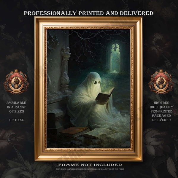 Ghost wall art, Pro Printed up to 33", Ghost Reading A Book, Dark Academia Decor, Vintage Ghost Painting, Gothic Wall Art Print A1 A2 A3 A4