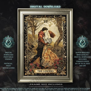 Stampa di download digitale della carta dei tarocchi degli amanti, arte della parete del mondo accademico oscuro, romantico, spirituale, download stampabile ad alta risoluzione 300DPI, design dei tarocchi