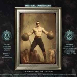 Vintage Strongman Picture Digital Download, Victorian Circus Wall Art, Muscular Strong Man Lifting Heavy Balls Illustration, High Res Poster