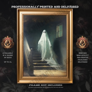 Ghost In The Attic Wall Art, Pro Printed from A4 to A0, Gothic Dark Eclectic Print, Dark Academia Painting of a Ghost On The Stairs, Signed