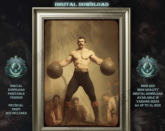 Vintage Strongman Picture Digital Download, Victorian Circus Wall Art, Muscular Strong Man Lifting Heavy Balls Illustration, High Res Poster