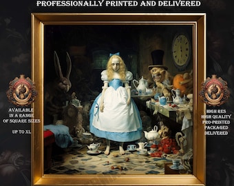 Dark Alice in Wonderland Print, Creepy Mad Hatter Tea Party, Cottagecore Wall Art