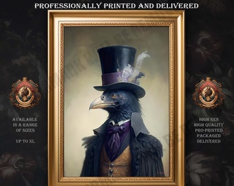 Könnte beinhalten: Ein schwarzer Rabe, der einen Zylinder und eine violette Fliege trägt. Der Rabe trägt eine goldene Weste und einen schwarzen Mantel. Der Rabe schaut nach links. Das Bild ist in einem goldenen Rahmen. Der Text "Professionally Printed and Delivered" befindet sich oben im Bild. Der Text "Frame Not Included" befindet sich unten im Bild.