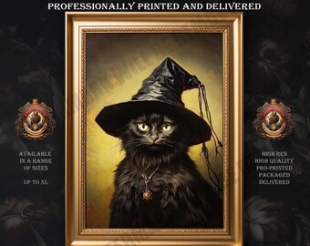 Cat Witch Portrait Print, Dark Academia Gothic Wall Art