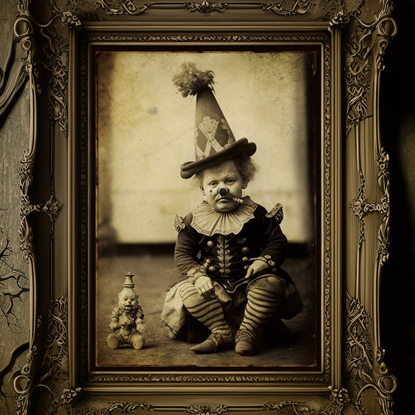 Victorian Circus / Freak Show Clown with Strange Toy Photo, Digital Download Printable Vintage Victorian Curiosity Wall Art Poster Print