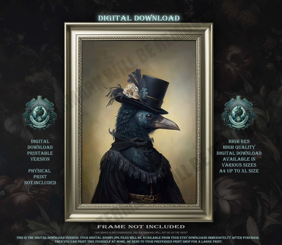 Victorian Raven Lady Portrait, Gothic Wall Art (Digital Download)