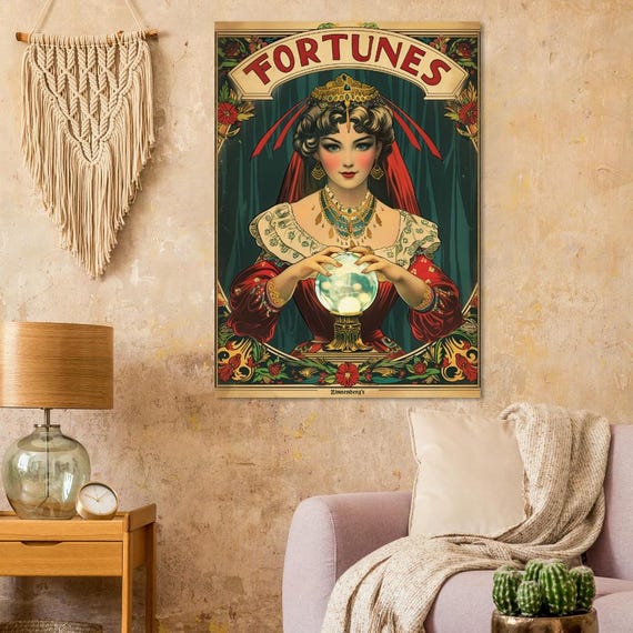Vintage Fortune Teller Print, Carnival Wall Art Poster, Crystal