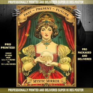 Impresión vintage de adivino, póster de espectáculo de carnaval, imagen de bola de cristal psíquica, arte de pared impreso profesionalmente en alta resolución extragrande