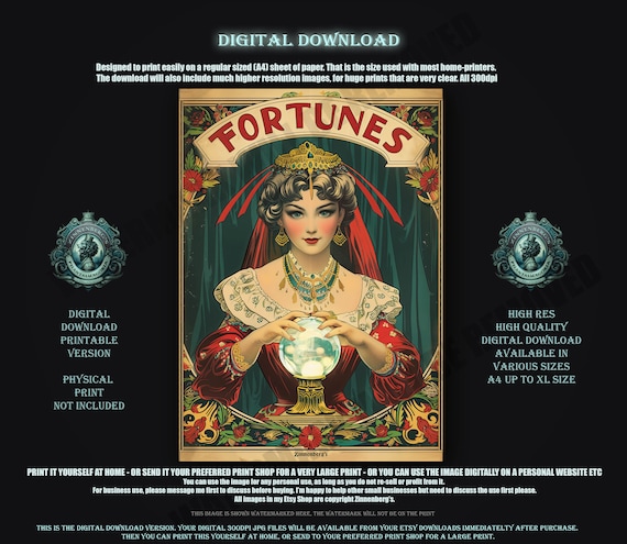 Vintage Fortune Teller Print, Digital Download Sideshow Wall Art