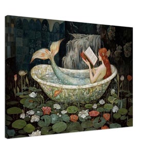 Mermaid in Bathroom Canvas Print, Mermaid Reading In Bathtub Wall Art, Dark Academia Decor, Fantasy Art Poster, Cottagecore Bathroom Decor