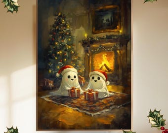 May include: A digital painting of two white ghosts wearing Santa hats and holding presents in front of a fireplace and a Christmas tree.