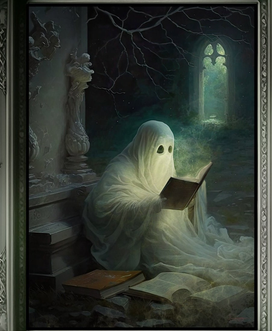 Ghost Wall Art Ghost Reading A Book Ghost Art Dark Academia Etsy