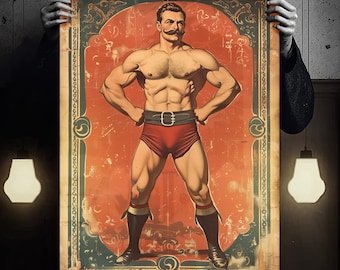 Vintage Strongman Poster, Circus Wall Art Digital Download, Side Show Victorian Handsome Muscular Strong Man In Red Trunks, Hi Res Printable