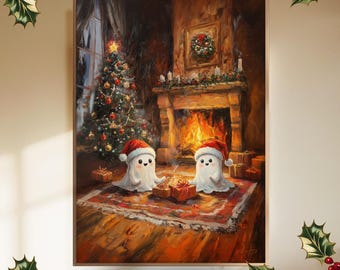 Könnte beinhalten: Ein digitales Gemälde einer Weihnachtsszene mit zwei Geistern, die Weihnachtsmützen tragen und an einem Kamin mit einem brennenden Feuer sitzen. Im Hintergrund steht ein Weihnachtsbaum. Die Geister halten Geschenke.