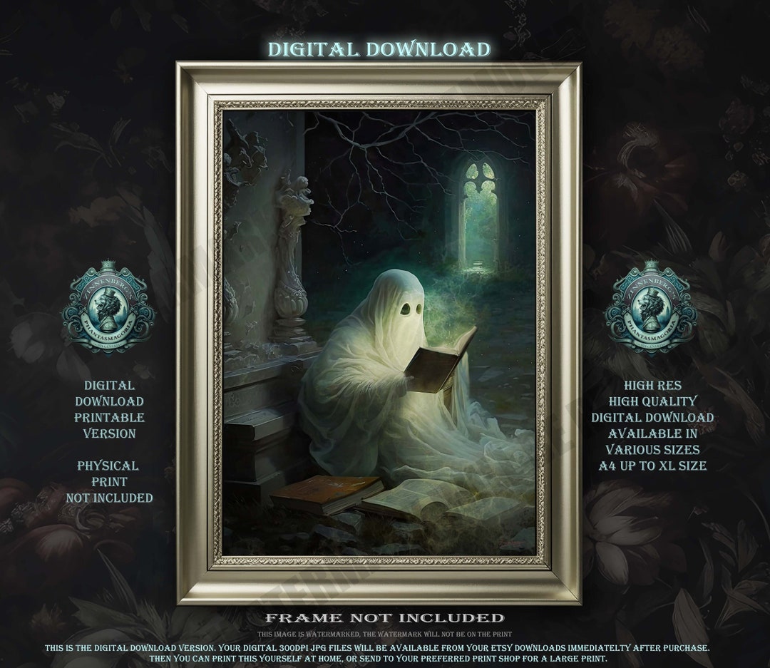 Ghost Wall Art, Ghost Reading A Book, Ghost Art, Dark Academia.