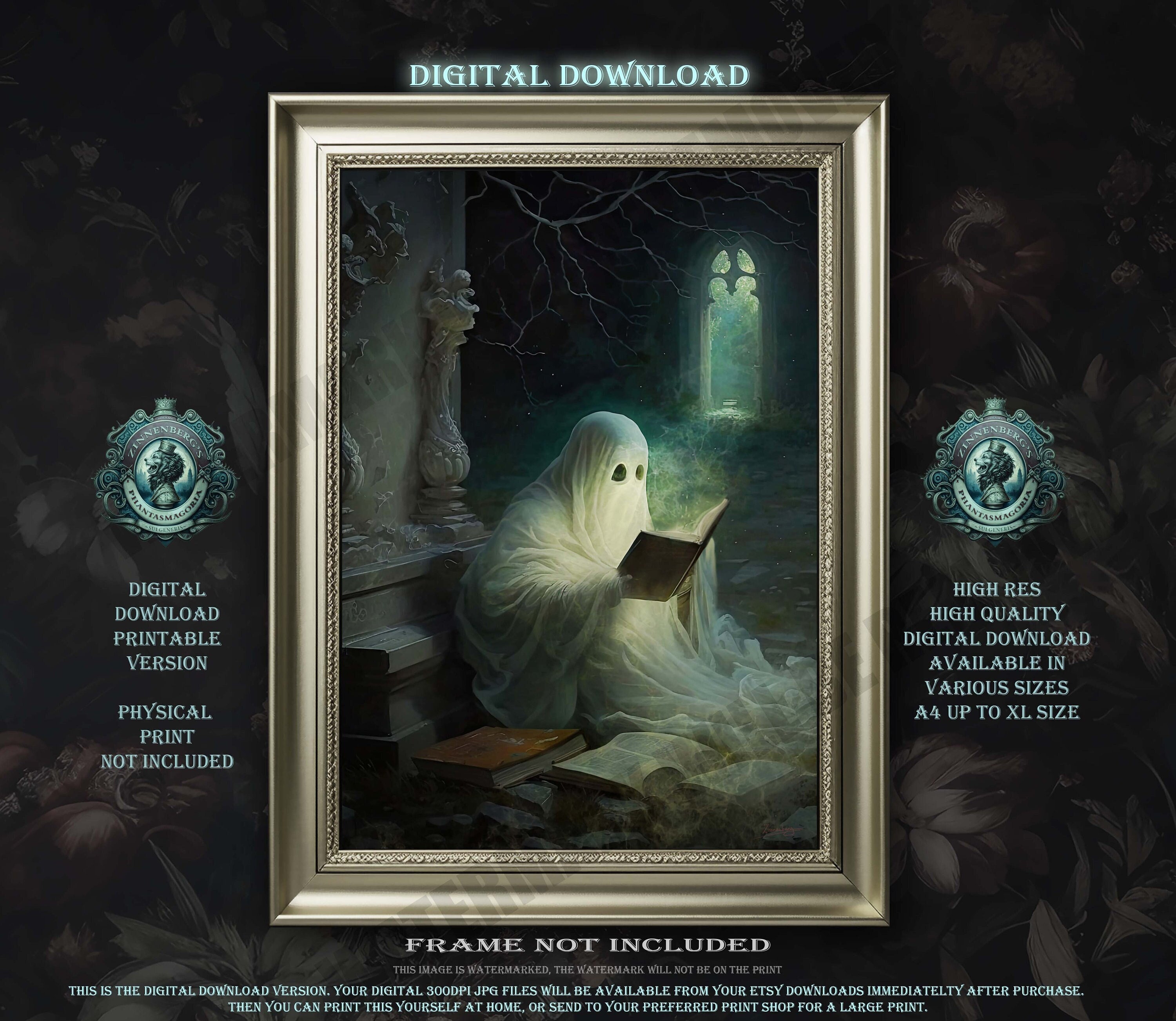 Ghost Reading in Graveyard, Dark Academia Art (digital Download