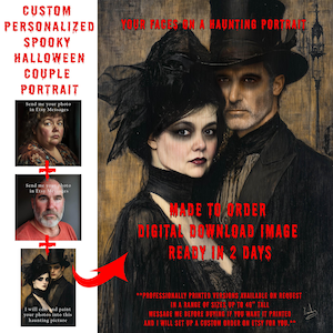 Custom Spooky Halloween Portrait, Victorian Gothic Vampire Couple Digital Download, Your Faces On Haunting Halloween Painting, Made To Order