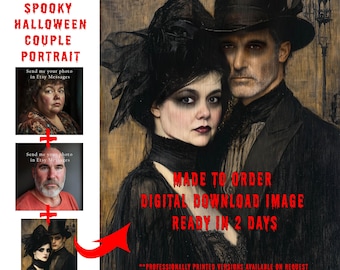 May include: A digital download image of a spooky Halloween couple portrait. The image is made to order and ready in 2 days. The text "YOUR FACES ON A HAUNTING PORTRAIT" is at the top of the image. The text "MADE TO ORDER" and "DIGITAL DOWNLOAD IMAGE" is in the center of the image. The text "READY IN 2 DAYS" is at the bottom of the image.