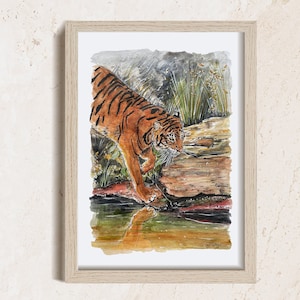 Le tigre au bord de la rivière - Illustration faite main à l'aquarelle