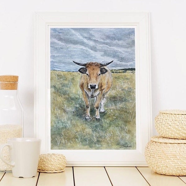 Illustration d'une vache d'Aubrac - Dessin fait main à l'aquarelle - Art imprimé