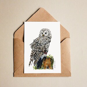 Illustration d'une chouette à l'aquarelle - Carte postale - Dessin à exposer - Chouettes et hiboux - Fait main - Tirage