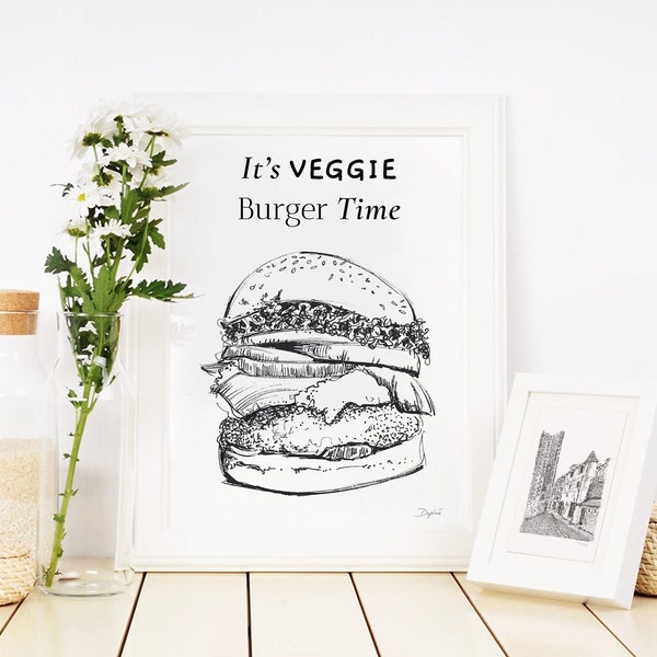 Veggie burger - Croquis à croquer - Illustration à la main à l'encre noire - Citations - Affiche culinaire - Art imprimé