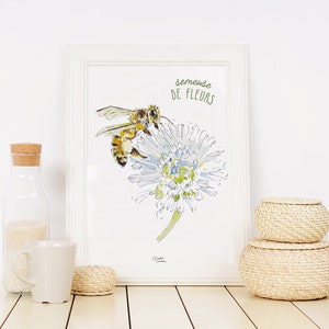 Semeuse de fleurs - Illustration d'une abeille à l'aquarelle - Carte postale - Dessin à exposer - Fait main - Tirage