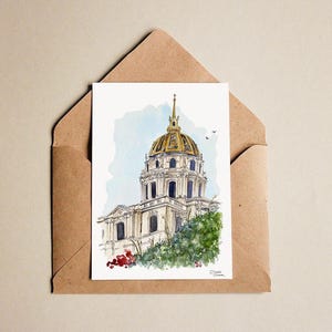 Illustration des Invalides à l'aquarelle - Carte postale - Architecture parisienne - Tirage d'art