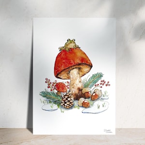 Illustration d'un champignon à l'aquarelle - Carte postale - Ambiance automnale et hivernale - Tirage - Forêt et mabon