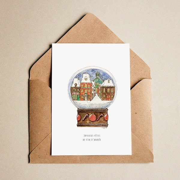 Carte de Noël Boule à Neige - Carte de voeux - Illustration à l'aquarelle - Fêtes de fin d'année - Joyeux Noël et Bonne Année  - Art imprimé