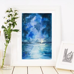 Va'a dans une mer étoilée - Illustration à l'aquarelle