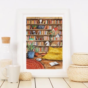 La bibliothèque - Illustration à l'aquarelle - Fait main