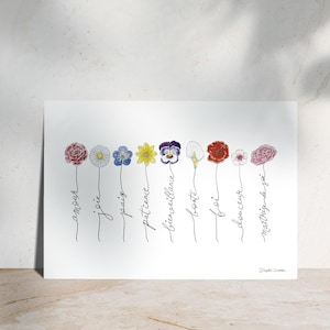 Carte postale - Illustration de fleurs à l'aquarelle - Galates 5.22.23 - Illustration d'un verset - Citation positive et pleine conscience