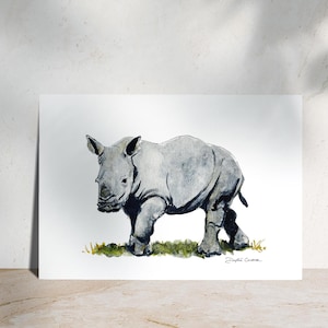 Rhinocéron - Illustration à l'aquarelle d'un bébé rhinocéros - Carte postale - Dessin à exposer - Fait main - Tirage