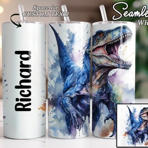 Raptor Dinosaurier Aquarell nahtlose Sublimation Becher Designs, anpassbarer Name, Jurassic 20 Unzen gerade dünne Becher Wrap - PNG Digital