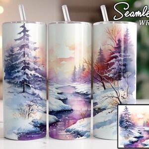Winter Stream Sunset Snow Watercolor Seamless Sublimation Tumbler Designs, 20oz Straight Skinny Tumbler Wrap, 9.3x8.2 in - PNG Digital