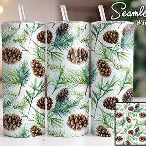 May include: A seamless wrap design for a tumbler featuring a watercolor pattern of pine branches and pine cones on a white background.