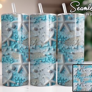 3D Cracked Sand Starfish Beach Seamless Tumbler Design, Ocean Waves Hawaii, 20oz Straight Skinny Tumbler Wrap Sublimation Design PNG Digital