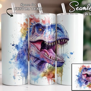 T-Rex Dinosaurier Aquarell nahtlose Sublimationsbecher Designs, anpassbarer Name, Jurassic 20 Unzen Straight Skinny Tumbler Wrap - PNG Digital