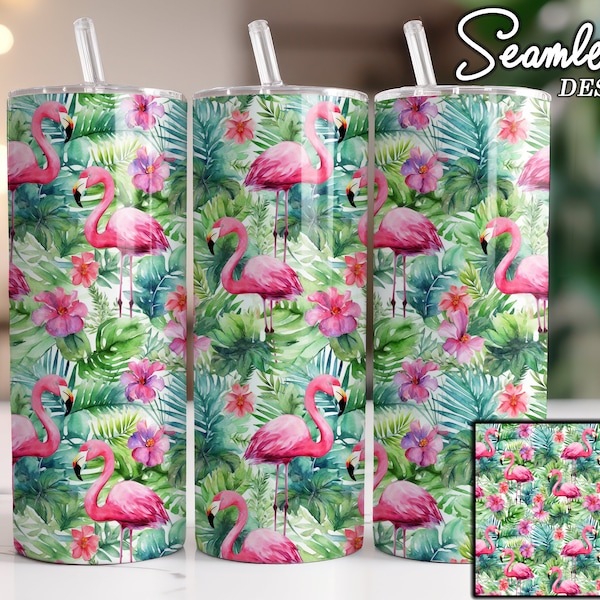 Tropical Flamingo Watercolor Seamless Tumbler Designs, 20oz Straight Skinny Tumbler Wrap, Sublimation Design, 9.3x8.2 in - PNG Digital