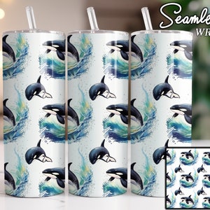 Orca Whale Watercolor Seamless Tumbler Design, 20oz Straight Skinny Tumbler Wrap, Killer Whale Sublimation Design Pattern, PNG Digital