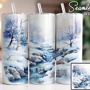 Winter Waterfall Stream Snow Watercolor Seamless Sublimation Tumbler Designs, 20oz Straight Skinny Tumbler Wrap, 9.3x8.2 in - PNG Digital