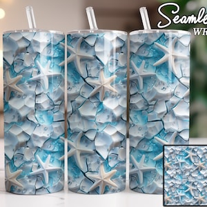 3D Cracked Sand Starfish Beach Seamless Tumbler Design, Ocean Waves Hawaii, 20oz Straight Skinny Tumbler Wrap Sublimation Design PNG Digital