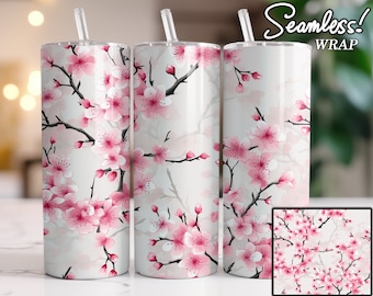 Cherry Blossoms Seamless Tumbler Designs, Watercolor Pink Flowers, 20oz Straight Skinny Tumbler Wrap, Sublimation Design - PNG Digital