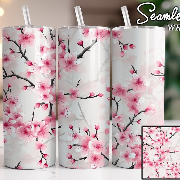 Cherry Blossoms Seamless Tumbler Designs, Watercolor Pink Flowers, 20oz Straight Skinny Tumbler Wrap, Sublimation Design - PNG Digital
