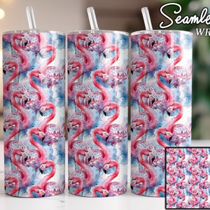 Pink Tropical Flamingo Watercolor Seamless Tumbler Designs, 20oz Straight Skinny Tumbler Wrap, Sublimation Design, 9.3x8.2 in - PNG Digital