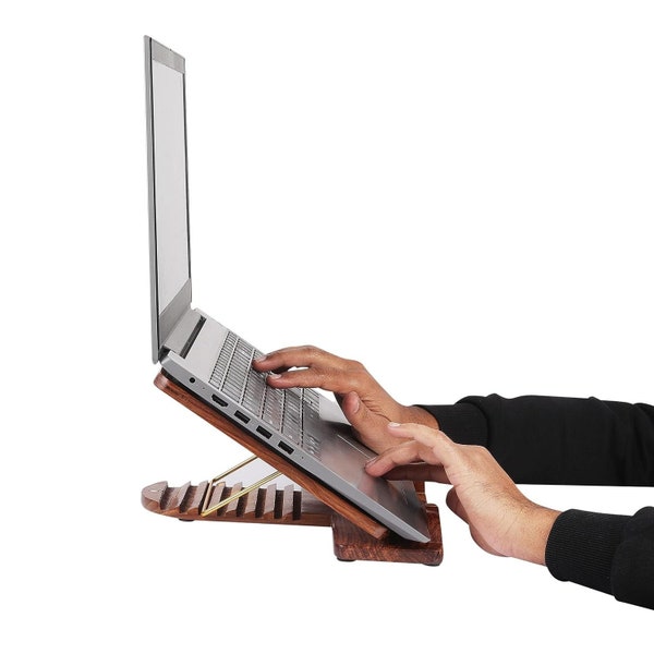 Support ergonomique pour ordinateur portable en sheesham pour chaise de bureau à domicile | MacBook Air Pro 14 à 17 pouces Ordinateur portable HP Dell | Ventilé Robuste
